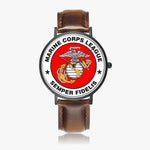 Marine Corps League  Hot Selling Ultra-Thin Leather Strap Quartz Watch (Black)