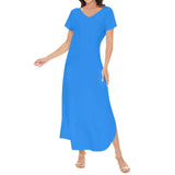 Women's Blue Short Sleeve Long Draped Dress