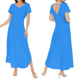 Women's Blue Short Sleeve Long Draped Dress