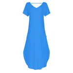 Women's Blue Short Sleeve Long Draped Dress