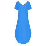 Women's Blue Short Sleeve Long Draped Dress