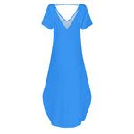 Women's Blue Short Sleeve Long Draped Dress