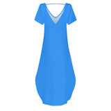 Women's Blue Short Sleeve Long Draped Dress